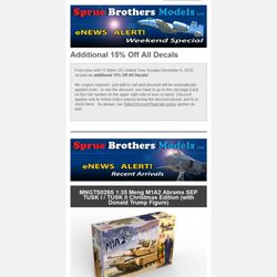 Sprue Brothers Models LLC - Sprue Brothers weekly email alert of limited run weekend discounts and new kit releases.
