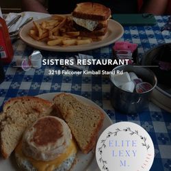 Sisters Restaurant - My fav breakfast sandwich! Homemade bread! Juicy big patty melt cheeseburger with an egg