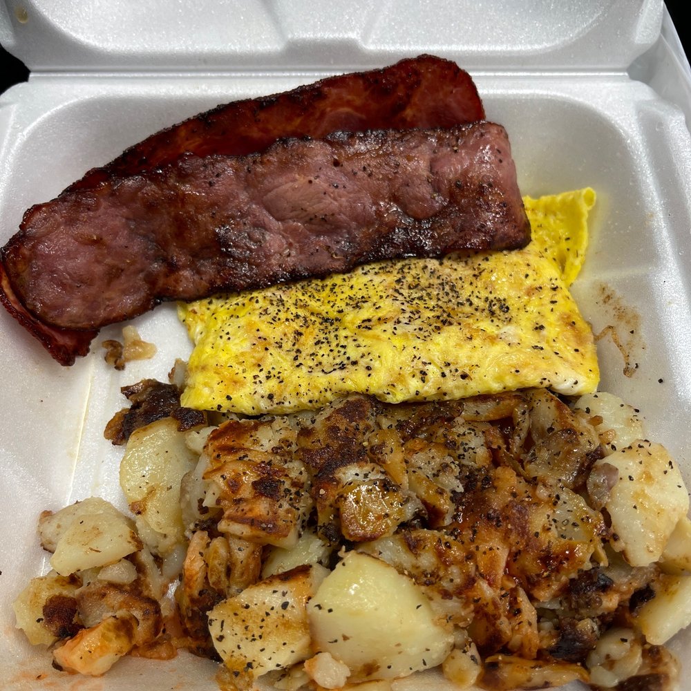 Turkey bacon home fries and "scrambled" eggs