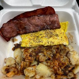 Turkey bacon home fries and "scrambled" eggs