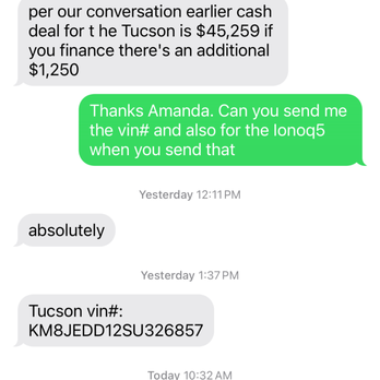 CardinaleWay Hyundai - Glendora - This is my text thread with Amanda. After I request the Ioniq offer, she stopped answering. - Auto Repair Near Me - Glendora, California