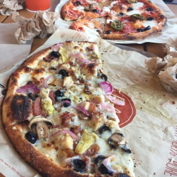 Blaze Pizza - Build Your Own with chicken, bacon, olives, artichokes, red onions, mushrooms, mozzarella, Gorgonzola, and white sauce. Yummy! - Salad Near Me - Gold River, California