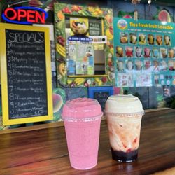 Tina Fresh Fruit Smoothie - Left - Their daily special mixed with strawberry, pitaya and mango   Right - Lava Flow