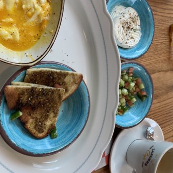 Cafe Landwer - Eggs, labneh, chopped salad & toasted pita. - Mediterranean Near Me - Boston, Massachusetts