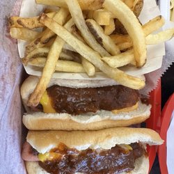 Brighton Hot Dog Shoppe - Two Hot Dogs with Cheddar Cheese, Chili Sauce, Onion, Mustard and Small Plain Fry