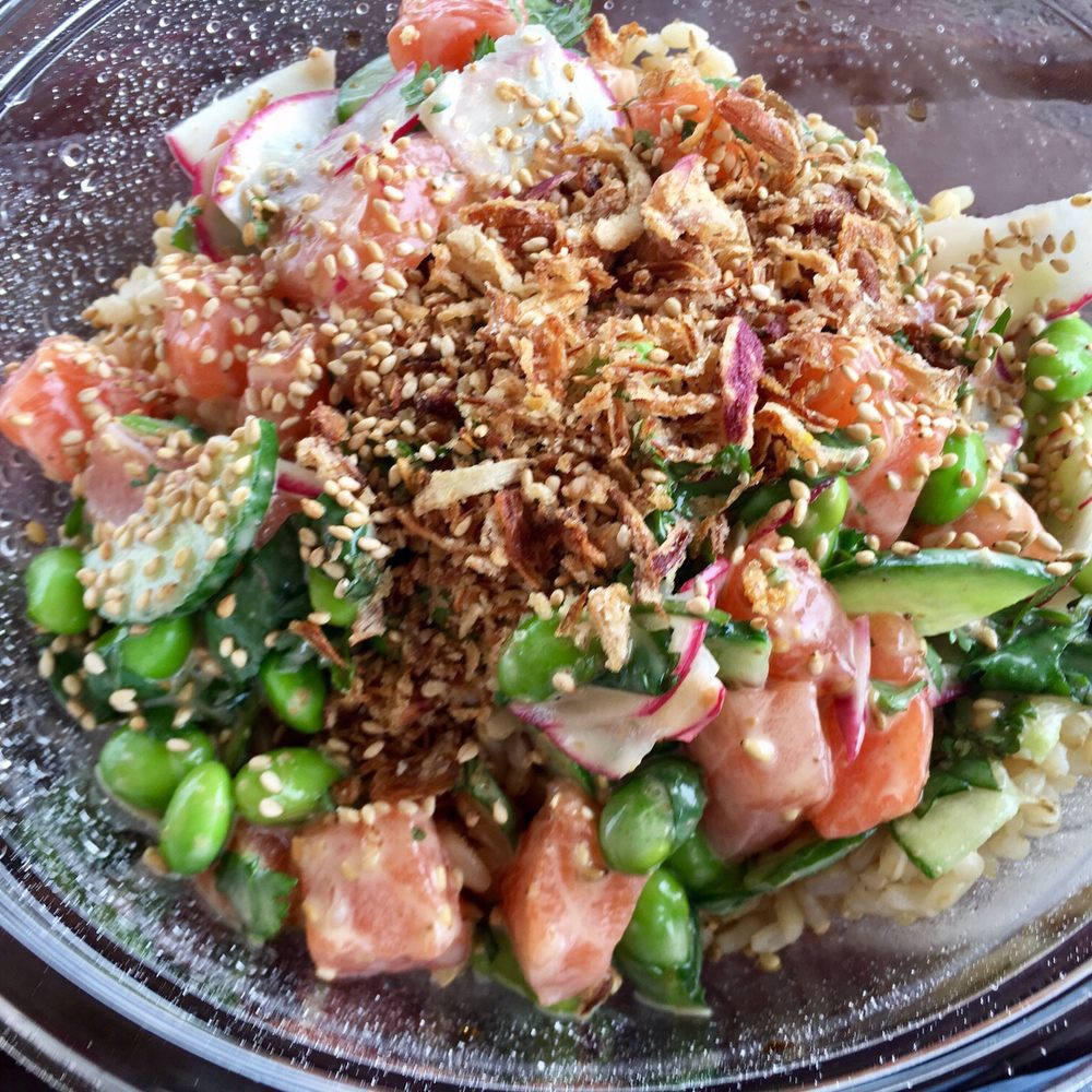 Make your own: brown rice, salmon, edamame, cucumber, pink radish, coriander, sesame sauce and shallot Make your own: brown rice, salmon, edamame, cucumber, pink radish, coriander, sesame sauce and shallot