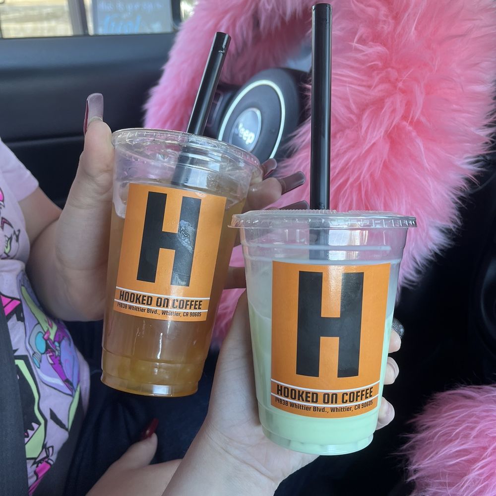 Hooked On Coffee - Jasmine Green Tea with peach syrup and mango popping pearls, Honeydew Milk Tea with lychee jelly - Coffee & Tea Near Me - Whittier, California Hooked On Coffee - Jasmine Green Tea with peach syrup and mango popping pearls, Honeydew Milk Tea with lychee jelly - Coffee & Tea Near Me - Whittier, California