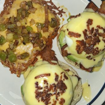 IHOP - Bacon Avocado Benedict with hash browns, i added cheddar cheese and onions!! Sooo good!! - Breakfast & Brunch Near Me - Morehead City, North Carolina