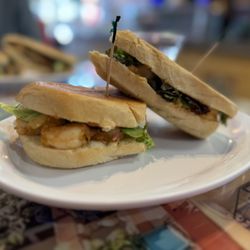 Habana Express - Pan con camaron: garlic shrimp with veggies, caramelized onion, crunch light pressed sandwich done right, so yum