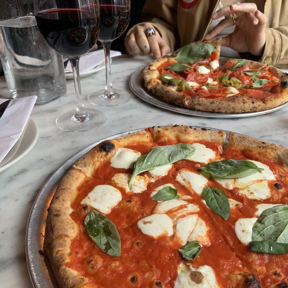 Santa Panza - Margherita Pizza, Salame Piccante Pizza, red wine - Pizza Near Me - Brooklyn, New York
