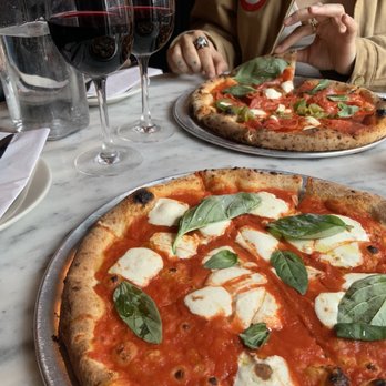 Santa Panza - Margherita Pizza, Salame Piccante Pizza, red wine - Pizza Near Me - Brooklyn, New York Santa Panza - Margherita Pizza, Salame Piccante Pizza, red wine - Pizza Near Me - Brooklyn, New York