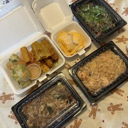 Tuptim Thai Restaurant - Appetizer Tuptim Sampler, mango sticky rice, larb, pad see ew, pad thai