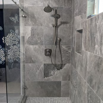 Priority Tile - Fixed shower head and handheld shower head on the other side of the shower. - Flooring Near Me - San Diego, California Priority Tile - Fixed shower head and handheld shower head on the other side of the shower. - Flooring Near Me - San Diego, California