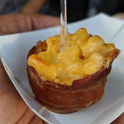 Seasoned by Spiffy Catering - "Crac n Cheese" bites. Our famous 5 cheese macaroni n cheese in a bacon wrapped bite sized version.