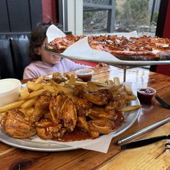 Pizza Plus - Pizza: Pepperoni & Bacon Wings: half and half all of them honey hot Fries & Veggies - Pizza Near Me - Reno, Nevada Pizza Plus - Pizza: Pepperoni & Bacon Wings: half and half all of them honey hot Fries & Veggies - Pizza Near Me - Reno, Nevada