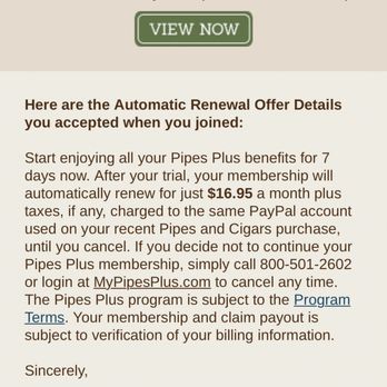 Pipes and Cigars - This is what you don't see until you've been signed up for automatic payments.... Without your authorization. - Tobacco Shops Near Me - Bethlehem, Pennsylvania