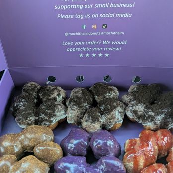 Mochi Thai'm Donuts - Half Dozen Donuts 3 cookies and cream 1 Mexican hot chocolate (flavor of the week) 1 Ube glazed 1 Powdered Sugar w/Strawberry - Donuts Near Me - Colorado Springs, Colorado Mochi Thai'm Donuts - Half Dozen Donuts 3 cookies and cream 1 Mexican hot chocolate (flavor of the week) 1 Ube glazed 1 Powdered Sugar w/Strawberry - Donuts Near Me - Colorado Springs, Colorado