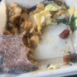 Nasty slimy, veggie omelette! With burnt toes and uncooked mushrooms! They lost a customer today. I hope I don't get sick.
