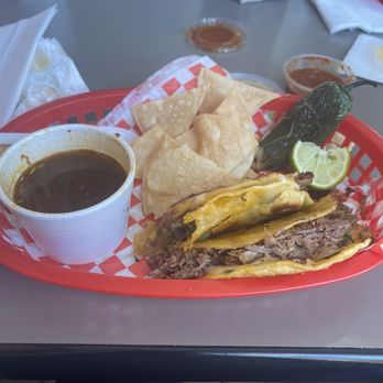 Birrieria Esquivel - I got the two Tacos Dorados de Birria served with chips and salsa, jalapeño pepper - Mexican Near Me - South Gate, California