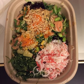 Poké Bar - Small comes with two scoops, rice/lettuce, seaweed, crab meat, cucumber, corn, fried garlic, and sauces - Seafood Near Me - Mountain View, California Poké Bar - Small comes with two scoops, rice/lettuce, seaweed, crab meat, cucumber, corn, fried garlic, and sauces - Seafood Near Me - Mountain View, California