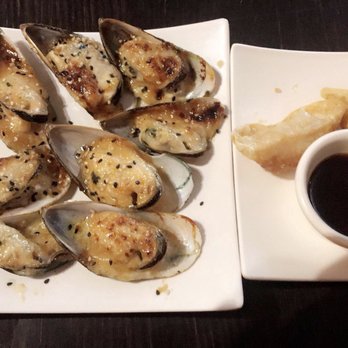 Hoshi Sushi - Baked mussels and gyoza - Sushi Bars Near Me - Fullerton, California Hoshi Sushi - Baked mussels and gyoza - Sushi Bars Near Me - Fullerton, California