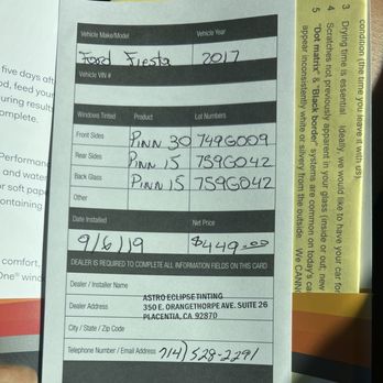 Astro Eclipse Custom Glass Tinting - My receipt - Home Window Tinting Near Me - Placentia, California