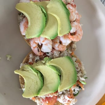 Mariscos Ocho Tostadas - Shrimp tostada on top Ceviche tostada on bottom - Seafood Near Me - Puerto Vallarta, JAL