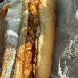 Spring Mart - Pork hot dog with mustard ketchup chilli and coleslaw