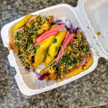 Juicy Brew - Orange chicken hirata buns $15 - Vegan Near Me - Honolulu, Hawaii