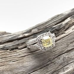 Electric Buffalo Gallery - Yellow diamond GIA Certified 1.5ct natural yellow center stone with .86 white diamonds surround in 14k white gold.