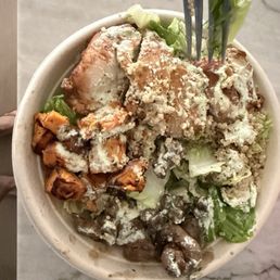 My bowl, which is supposed to be missing the mushrooms, but instead is missing the goat cheese.