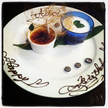 Kiraku - Bday dessert plate. I love the sweet potato creme brulee - Tapas/Small Plates Near Me - Berkeley, California