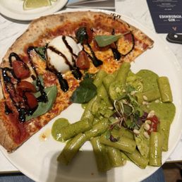 Pesto pasta, burrata pizza Pesto pasta, burrata pizza