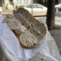 Bagel Express on Broadway - everything bagel with lox spread