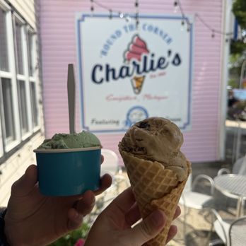 Charlie's Round the Corner - Single scoop of Grasshopper in a cup & single scoop of coffee Oreo in a waffle cone. - Ice Cream & Frozen Yogurt Near Me - Saugatuck, Michigan Charlie's Round the Corner - Single scoop of Grasshopper in a cup & single scoop of coffee Oreo in a waffle cone. - Ice Cream & Frozen Yogurt Near Me - Saugatuck, Michigan