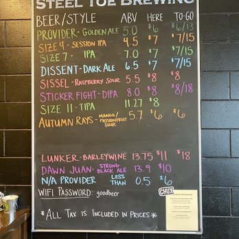 Steel Toe Brewing - a blackboard with a list of beers - Breweries Near Me - St Louis Park, Minnesota