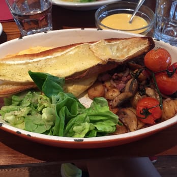 Gazette - French breakfast - omelette with Brie toast & potato, mushroom and pancetta fry - French Near Me - London, XGL Gazette - French breakfast - omelette with Brie toast & potato, mushroom and pancetta fry - French Near Me - London, XGL