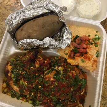 Chicken Maison - Half Spicy Lemon Chicken with Spicy Hummus and Baked Potato! Not really spicy honestly...and comes with pita bread! - Mediterranean Near Me - Gardena, California
