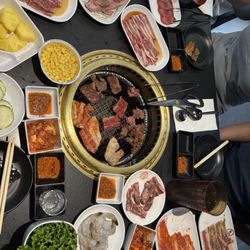 Miso pork, miso beef, steak, shrimp, corn, soju, miso soup, and pineapple