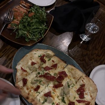 Solterra Winery & Kitchen - artichoke and prosciutto flatbread Chicken thigh - Wine Bars Near Me - Encinitas, California