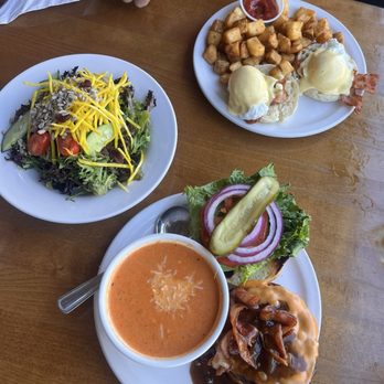 The Watershed Grill - Shed burger, bacon benny, mixed greens, tomato soup - Burgers Near Me - Brackendale, British Columbia