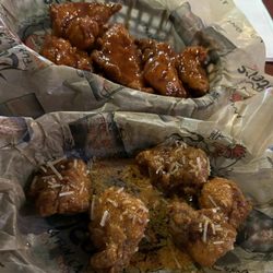 Roosters - Boneless wings, Monday special. Mango habanero top, garlic Parmesan bottom.