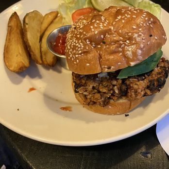 Hound And Bottle - Veggie burger Is vegetarian To get it vegan you have to remove the brioche bun - New American Near Me - Bremerton, Washington Hound And Bottle - Veggie burger Is vegetarian To get it vegan you have to remove the brioche bun - New American Near Me - Bremerton, Washington