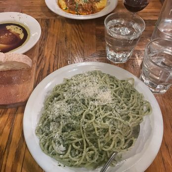il vecchio - Spaghetti with pesto (foreground), polenta with meat ragu (background) - Italian Near Me - Pacific Grove, California