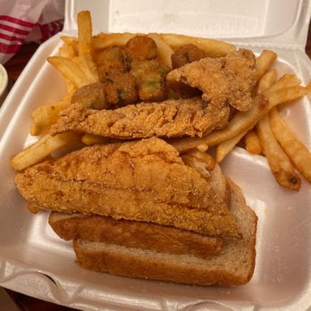 JJ fish & chicken - Snapper, fried okra, French fries and bread - American Near Me - Oakland, California JJ fish & chicken - Snapper, fried okra, French fries and bread - American Near Me - Oakland, California