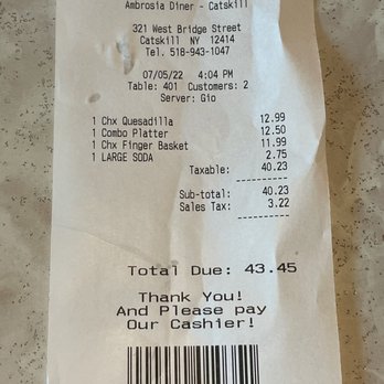 Ambrosia Diner - Chicken Quesadilla, Combo Platter, Chicken Finger Basket, Large Soda - Diners Near Me - Catskill, New York