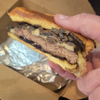 1785 Farmdog - Mushroom swiss burger (cut in half) - Hot Dogs Near Me - Medford, New Jersey