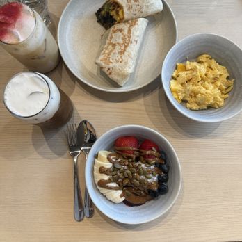 Drift Coffee - Raspberry almond iced latte, salted coconut oat coldie, breakfast burrito, chia pudding (chia seeds, berry preserves, banana), side of eggs - Breakfast & Brunch Near Me - Durham, North Carolina Drift Coffee - Raspberry almond iced latte, salted coconut oat coldie, breakfast burrito, chia pudding (chia seeds, berry preserves, banana), side of eggs - Breakfast & Brunch Near Me - Durham, North Carolina
