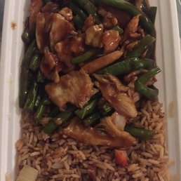 Chicken and green beans with pork fried rice. Chicken and green beans with pork fried rice.