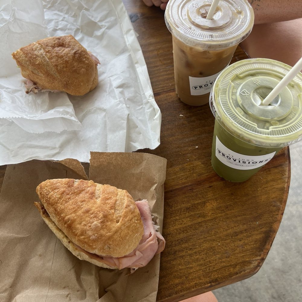 St John Provisions - Ham and Brie sandwich, iced matcha latte w/ oat milk and vanilla, & iced vanilla latte w/ oat milk. - Caribbean Near Me - St John, Virgin Islands St John Provisions - Ham and Brie sandwich, iced matcha latte w/ oat milk and vanilla, & iced vanilla latte w/ oat milk. - Caribbean Near Me - St John, Virgin Islands